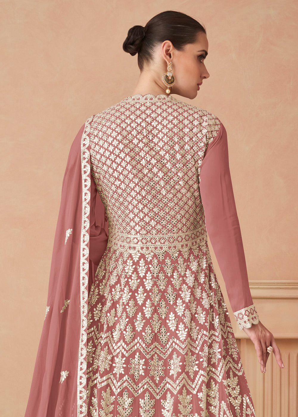 Buy Now Rose Pink Georgette Skirt Style Anarkali Gown Online in US, UK, Canada, France, Italy, Sweden, Ireland, UAE, Denmark, Greece & Worldwide at Empress.