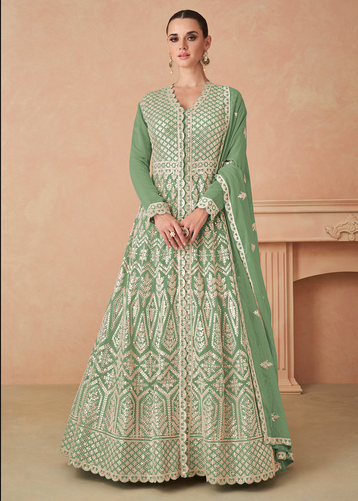 Buy Now Light Green Georgette Skirt Style Anarkali Gown Online in US, UK, Canada, France, Italy, Sweden, Ireland, UAE, Denmark, Greece & Worldwide at Empress.