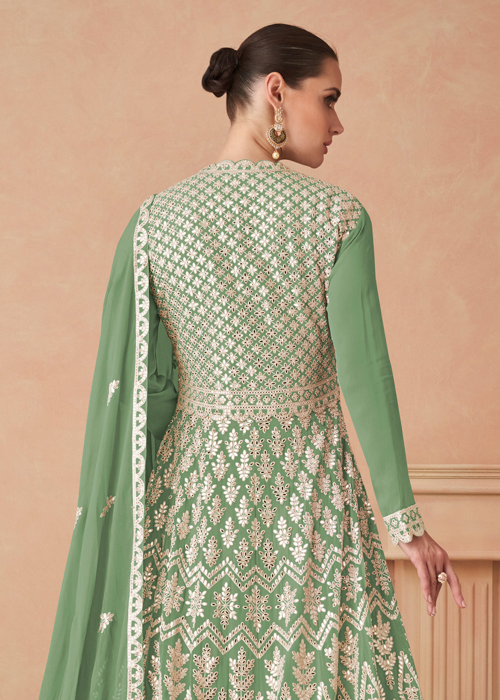 Buy Now Light Green Georgette Skirt Style Anarkali Gown Online in US, UK, Canada, France, Italy, Sweden, Ireland, UAE, Denmark, Greece & Worldwide at Empress.