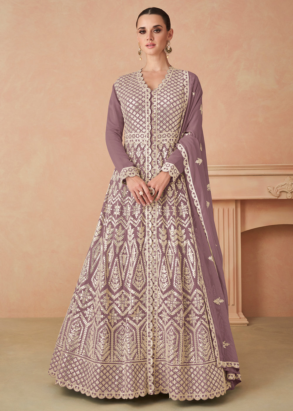 Buy Now Dusty Purple Georgette Skirt Style Anarkali Gown Online in US, UK, Canada, France, Italy, Sweden, Ireland, UAE, Denmark, Greece & Worldwide at Empress.