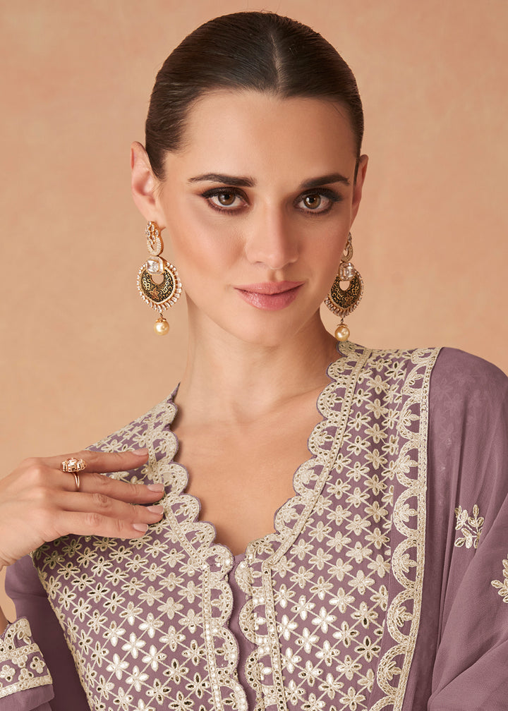 Buy Now Dusty Purple Georgette Skirt Style Anarkali Gown Online in US, UK, Canada, France, Italy, Sweden, Ireland, UAE, Denmark, Greece & Worldwide at Empress.