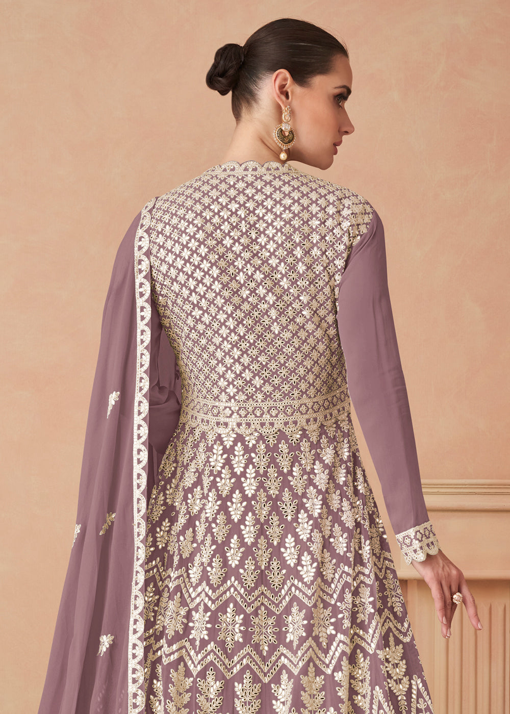 Buy Now Dusty Purple Georgette Skirt Style Anarkali Gown Online in US, UK, Canada, France, Italy, Sweden, Ireland, UAE, Denmark, Greece & Worldwide at Empress.