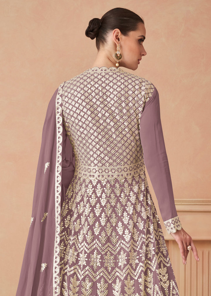 Buy Now Dusty Purple Georgette Skirt Style Anarkali Gown Online in US, UK, Canada, France, Italy, Sweden, Ireland, UAE, Denmark, Greece & Worldwide at Empress.