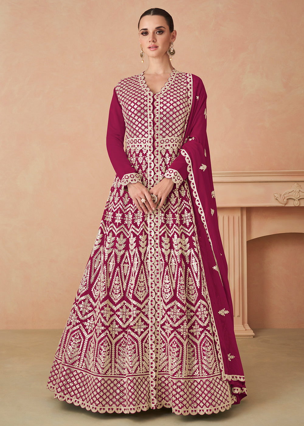 Buy Now Pink Georgette Skirt Style Anarkali Gown Online in US, UK, Canada, France, Italy, Sweden, Ireland, UAE, Denmark, Greece, Spain & Worldwide at Empress.