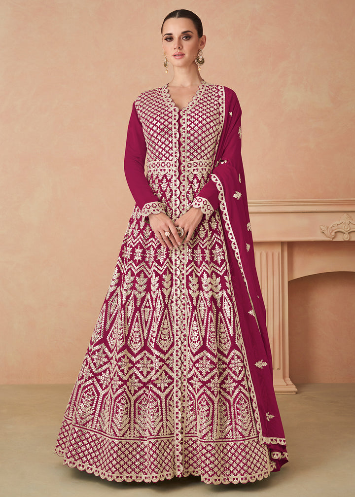 Buy Now Pink Georgette Skirt Style Anarkali Gown Online in US, UK, Canada, France, Italy, Sweden, Ireland, UAE, Denmark, Greece, Spain & Worldwide at Empress.