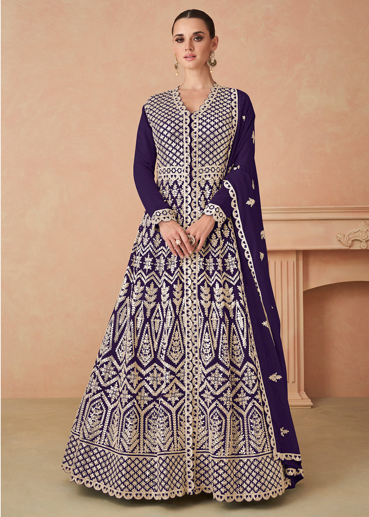Buy Now Purple Georgette Skirt Style Anarkali Gown Online in US, UK, Canada, France, Italy, Sweden, Ireland, UAE, Denmark, Greece, Spain & Worldwide at Empress.