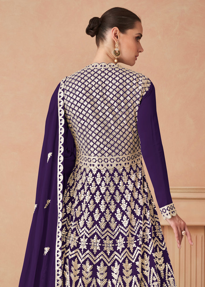 Buy Now Purple Georgette Skirt Style Anarkali Gown Online in US, UK, Canada, France, Italy, Sweden, Ireland, UAE, Denmark, Greece, Spain & Worldwide at Empress.