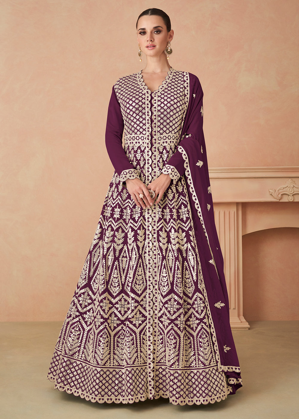 Buy Now Wine Georgette Skirt Style Anarkali Gown Online in US, UK, Canada, France, Italy, Sweden, Ireland, UAE, Denmark, Greece, Spain & Worldwide at Empress.