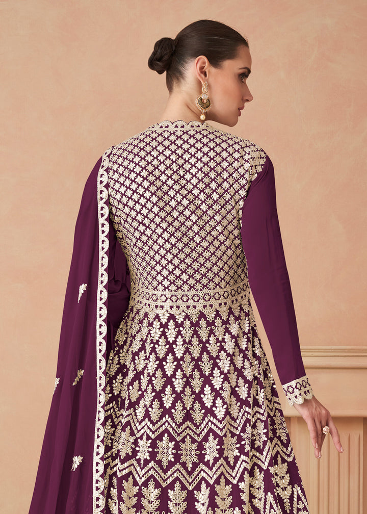 Buy Now Wine Georgette Skirt Style Anarkali Gown Online in US, UK, Canada, France, Italy, Sweden, Ireland, UAE, Denmark, Greece, Spain & Worldwide at Empress.