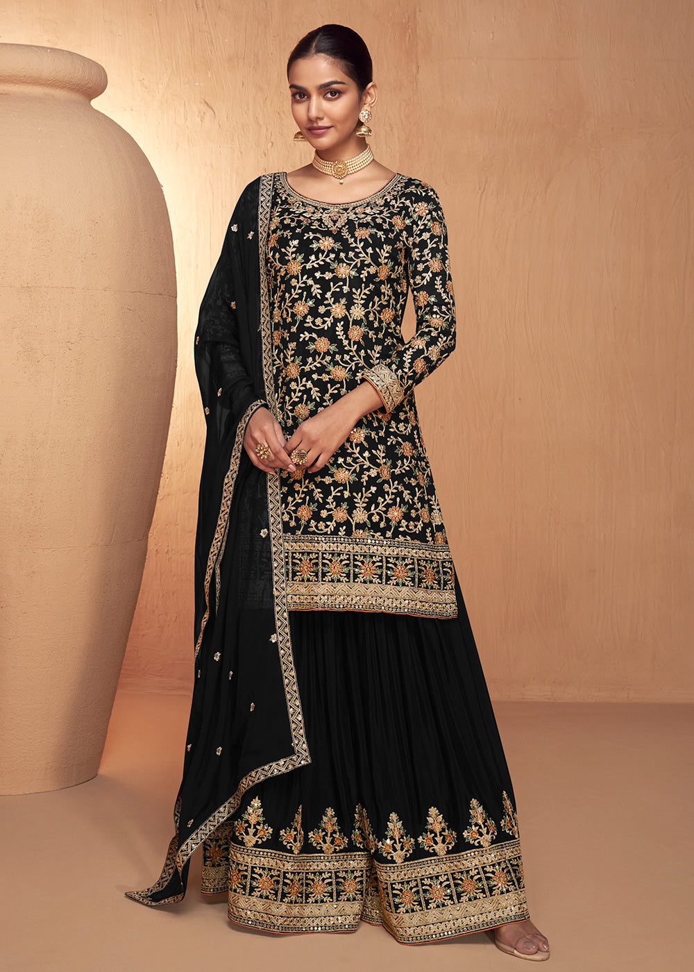 Buy Now Black Real Chinnon Embroidered Wedding Festive Palazzo Suit Online in USA, UK, Canada, Germany, Australia & Worldwide at Empress Clothing