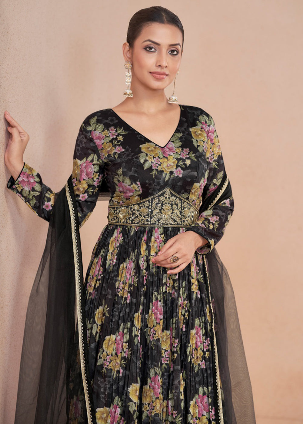 Buy Now Digital Printed Black Embroidered Wedding Anarkali Gown Online in USA, UK, Australia, New Zealand, Canada & Worldwide at Empress Clothing. 