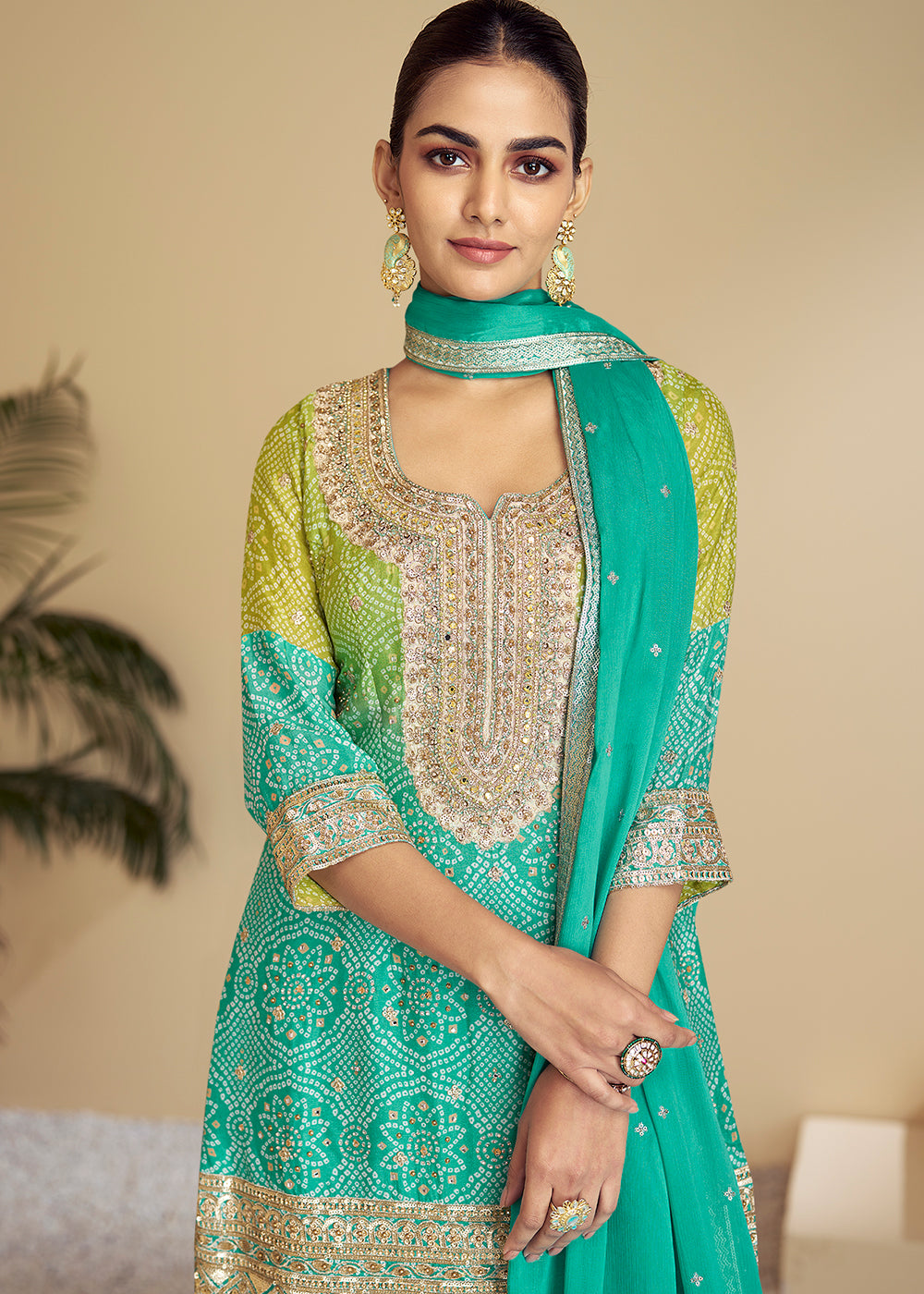 Buy Now Aqua & Green Ombre Kurti Style Palazzo Style Suit Online in USA, UK, Canada, Germany, Australia & Worldwide at Empress Clothing