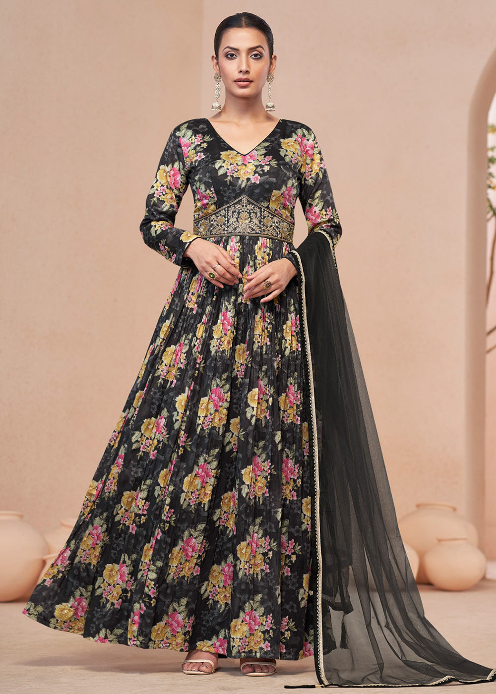 Buy Now Digital Printed Black Embroidered Wedding Anarkali Gown Online in USA, UK, Australia, New Zealand, Canada & Worldwide at Empress Clothing. 