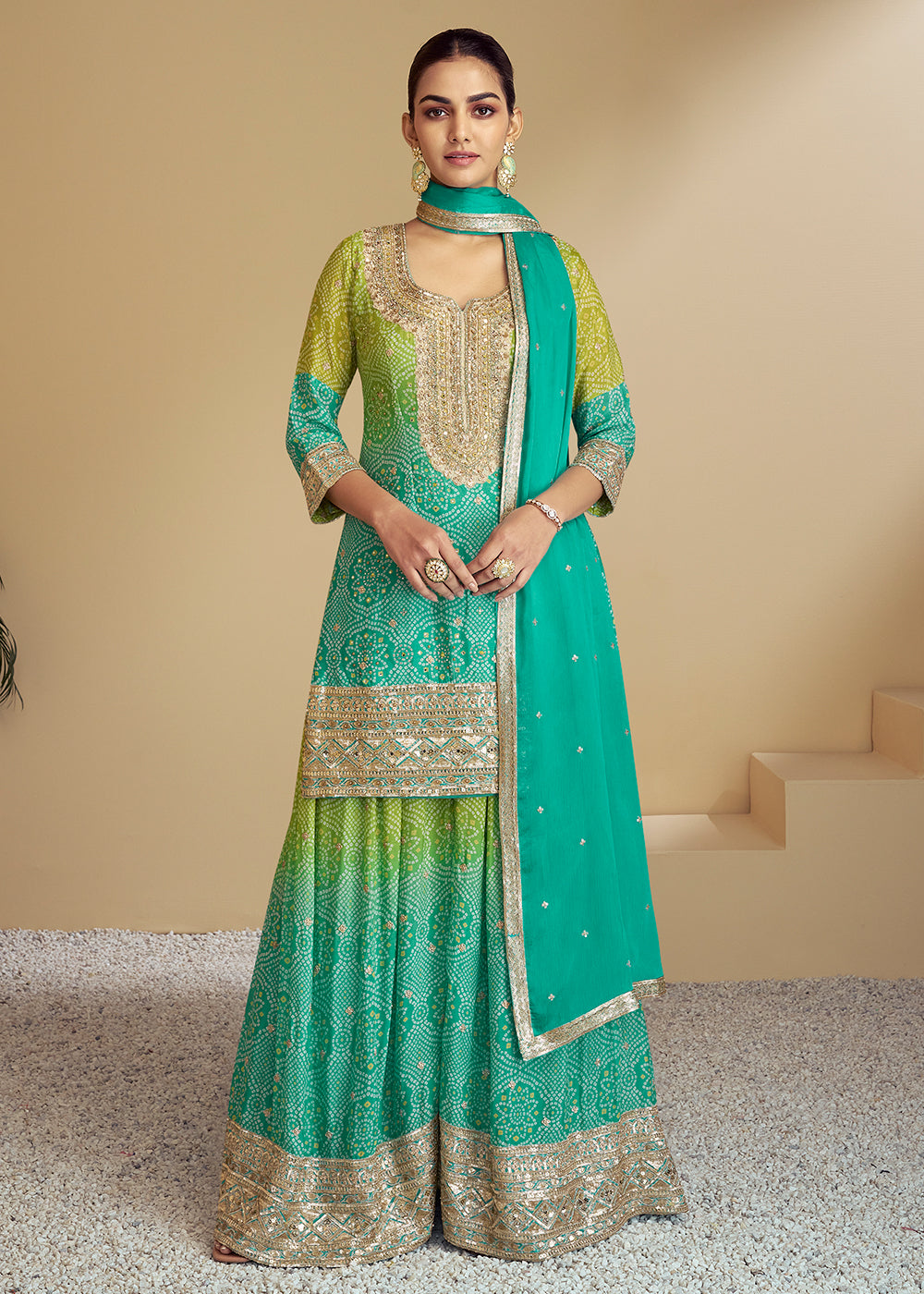 Buy Now Aqua & Green Ombre Kurti Style Palazzo Style Suit Online in USA, UK, Canada, Germany, Australia & Worldwide at Empress Clothing
