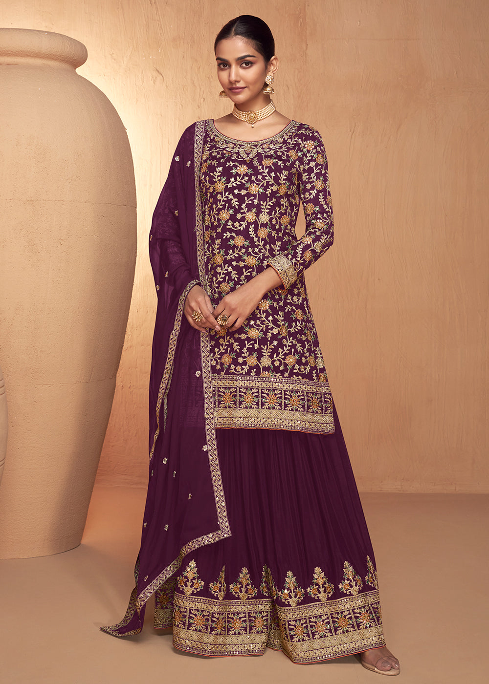 Buy Now Wine Real Chinnon Embroidered Wedding Festive Palazzo Suit Online in USA, UK, Canada, Germany, Australia & Worldwide at Empress Clothing. 