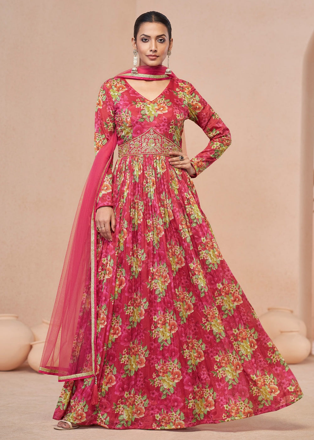 Buy Now Digital Printed Pink Embroidered Wedding Anarkali Gown Online in USA, UK, Australia, New Zealand, Canada & Worldwide at Empress Clothing.