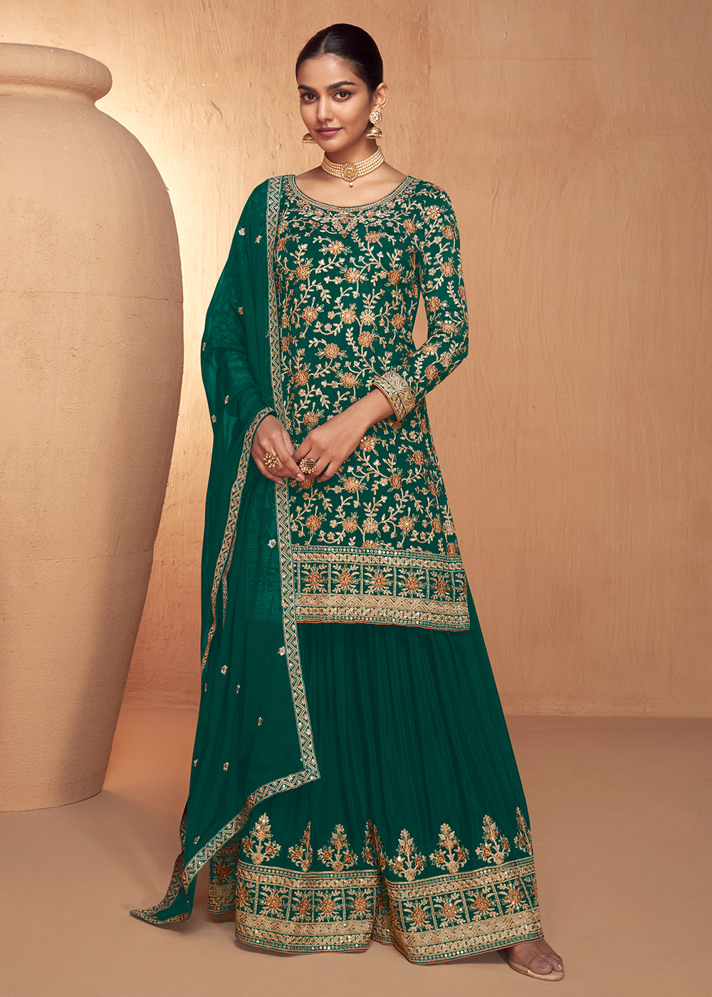 Buy Now Green Real Chinnon Embroidered Wedding Festive Palazzo Suit Online in USA, UK, Canada, Germany, Australia & Worldwide at Empress Clothing. 