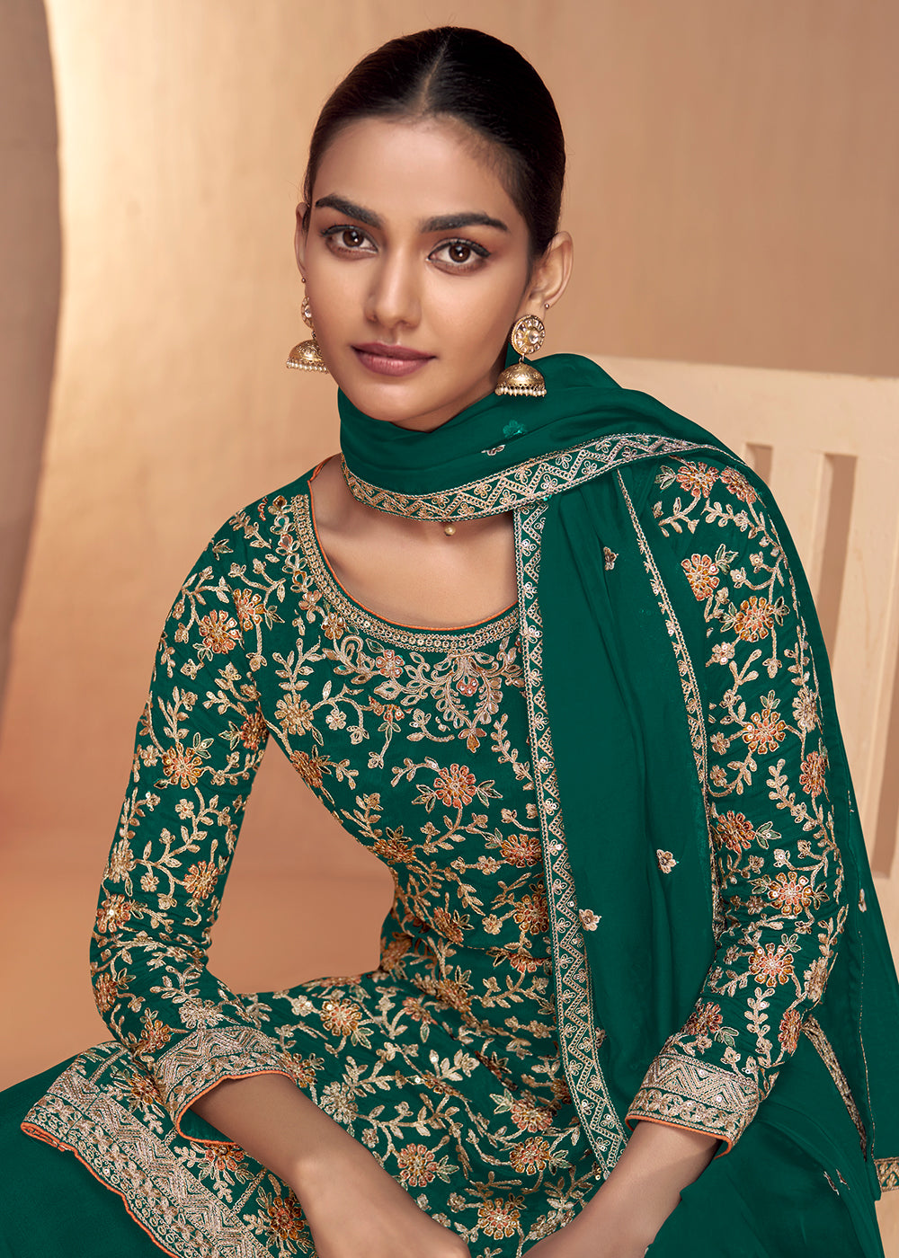 Buy Now Green Real Chinnon Embroidered Wedding Festive Palazzo Suit Online in USA, UK, Canada, Germany, Australia & Worldwide at Empress Clothing. 