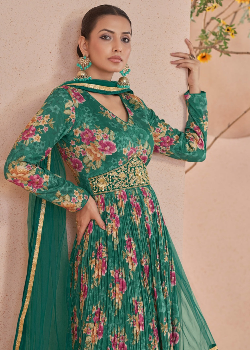 Buy Now Digital Printed Green Embroidered Wedding Anarkali Gown Online in USA, UK, Australia, New Zealand, Canada & Worldwide at Empress Clothing.