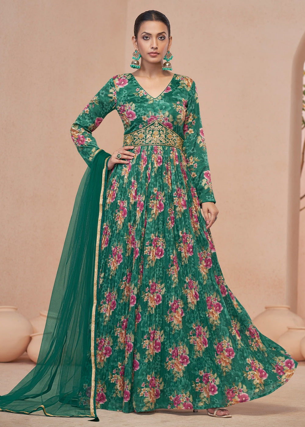 Buy Now Digital Printed Green Embroidered Wedding Anarkali Gown Online in USA, UK, Australia, New Zealand, Canada & Worldwide at Empress Clothing.