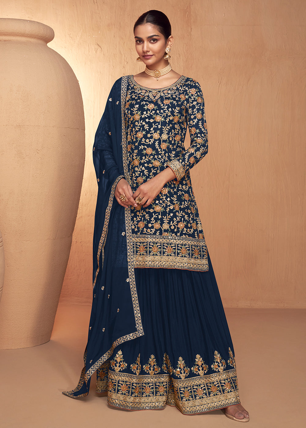 Buy Now Blue Real Chinnon Embroidered Wedding Festive Palazzo Suit Online in USA, UK, Canada, Germany, Australia & Worldwide at Empress Clothing.
