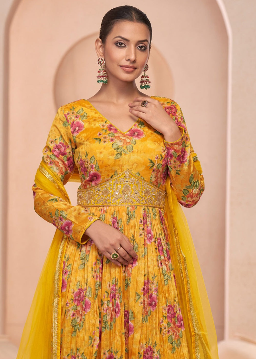 Buy Now Digital Printed Yellow Embroidered Wedding Anarkali Gown Online in USA, UK, Australia, New Zealand, Canada & Worldwide at Empress Clothing. 