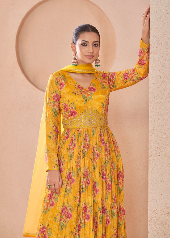 Buy Now Digital Printed Yellow Embroidered Wedding Anarkali Gown Online in USA, UK, Australia, New Zealand, Canada & Worldwide at Empress Clothing. 