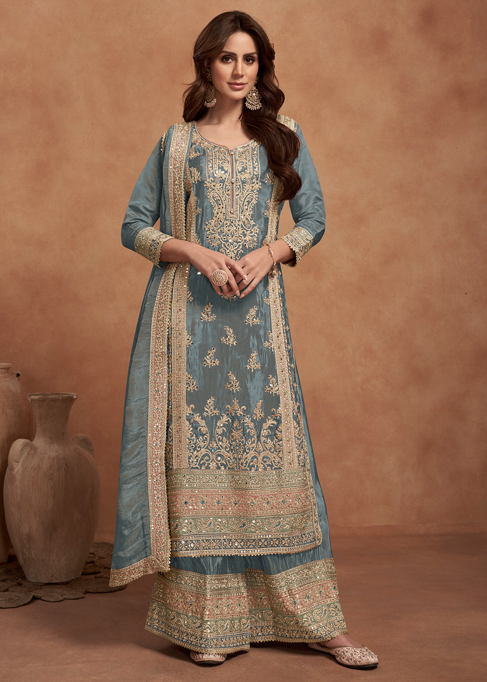 Buy Now Greyish Blue Embroidered Real Simar Silk Palazzo Suit Online in USA, UK, Canada, Germany, Australia & Worldwide at Empress Clothing. 