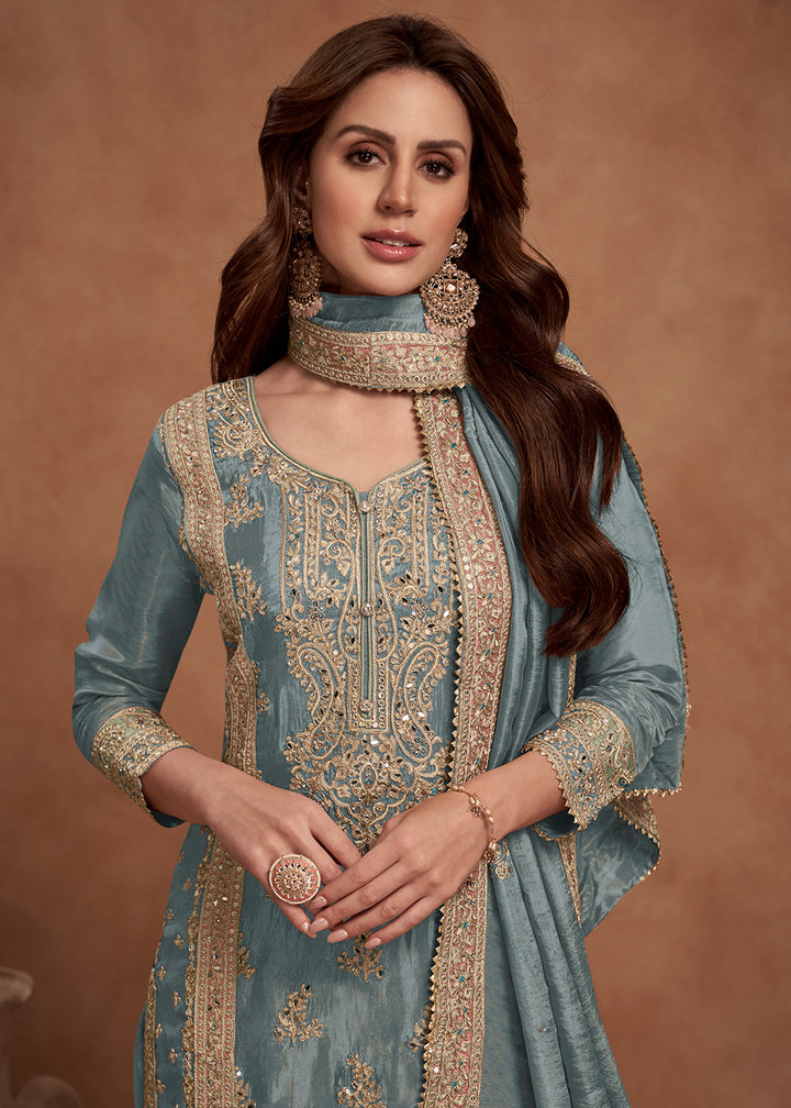 Buy Now Greyish Blue Embroidered Real Simar Silk Palazzo Suit Online in USA, UK, Canada, Germany, Australia & Worldwide at Empress Clothing. 