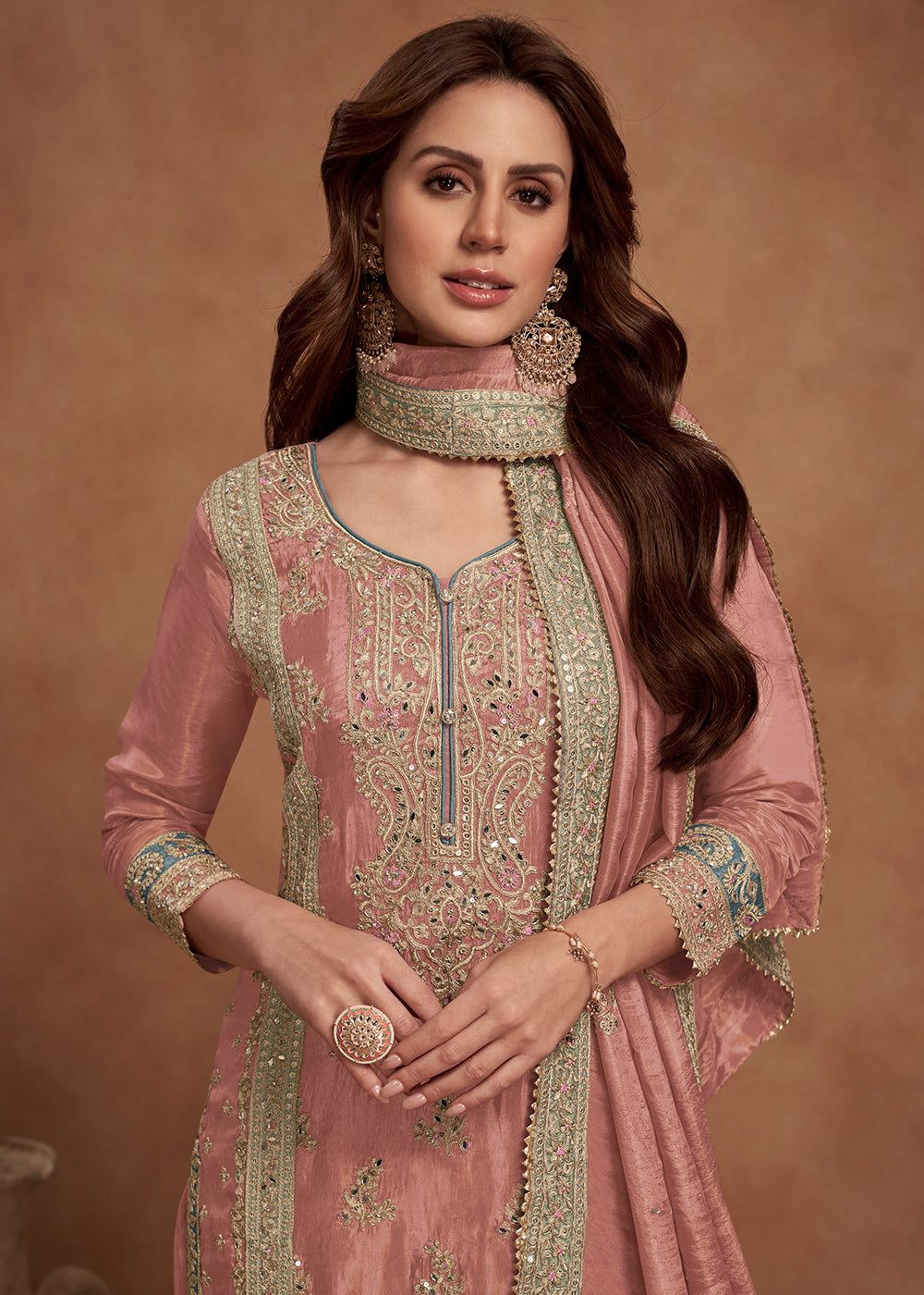 Buy Now Peachy Pink Embroidered Real Simar Silk Palazzo Suit Online in USA, UK, Canada, Germany, Australia & Worldwide at Empress Clothing. 