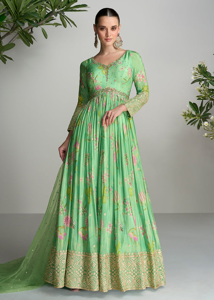 Buy Now Digital Printed & Mirror Embroidered Anarkali Gown in Light Green Online in USA, UK, Australia, New Zealand, Canada & Worldwide at Empress Clothing.