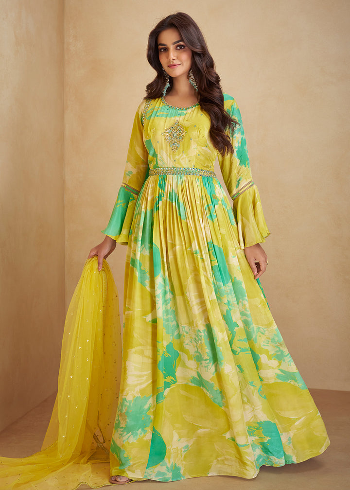 Buy Now Digital Printed & Mirror Embroidered Anarkali Gown in Yellow Online in USA, UK, Australia, New Zealand, Canada & Worldwide at Empress Clothing.
