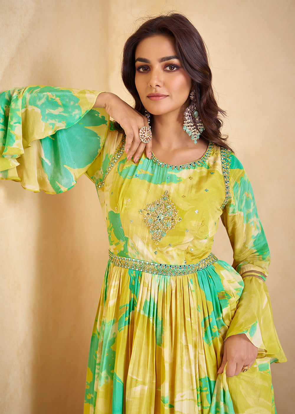 Buy Now Digital Printed & Mirror Embroidered Anarkali Gown in Yellow Online in USA, UK, Australia, New Zealand, Canada & Worldwide at Empress Clothing.