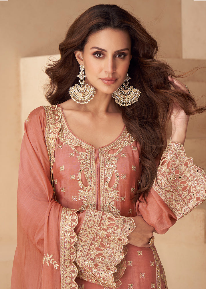 Buy Now Peach Embroidered Festive Style Palazzo Suit Online in US, UK, Canada, Germany, Italy, France, Austria, Australia, UAE, Denmark & Worldwide at Empress.