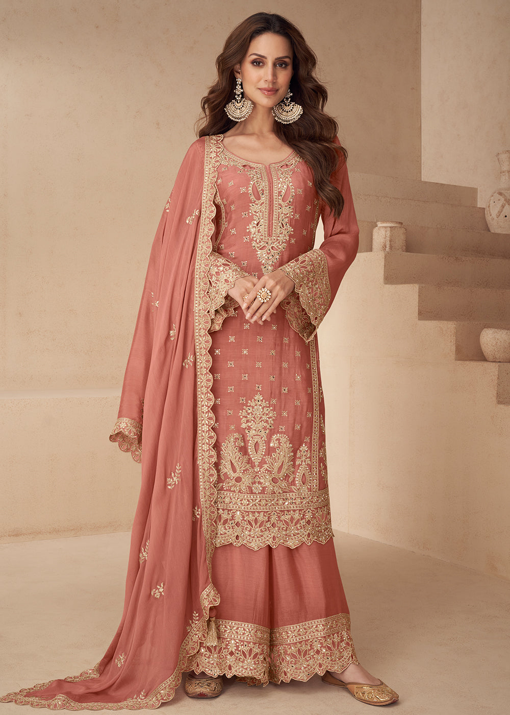 Buy Now Peach Embroidered Festive Style Palazzo Suit Online in US, UK, Canada, Germany, Italy, France, Austria, Australia, UAE, Denmark & Worldwide at Empress.