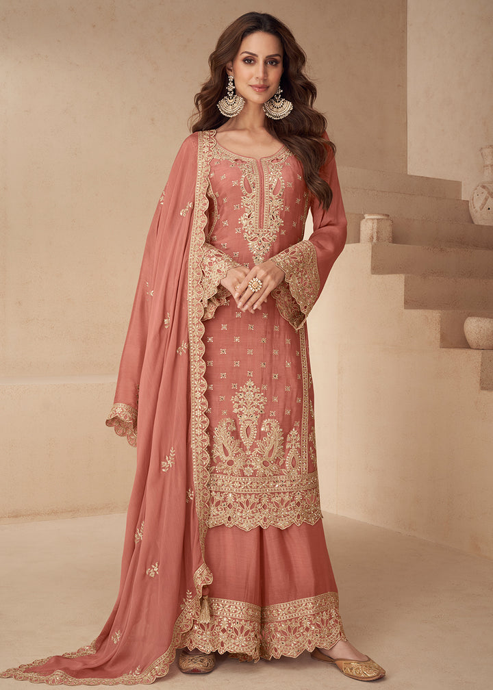 Buy Now Peach Embroidered Festive Style Palazzo Suit Online in US, UK, Canada, Germany, Italy, France, Austria, Australia, UAE, Denmark & Worldwide at Empress.