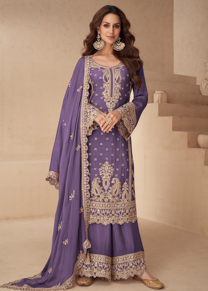 Buy Now Lavender Embroidered Festive Style Palazzo Suit Online in US, UK, Canada, Germany, Italy, France, Austria, Australia, Denmark & Worldwide at Empress.