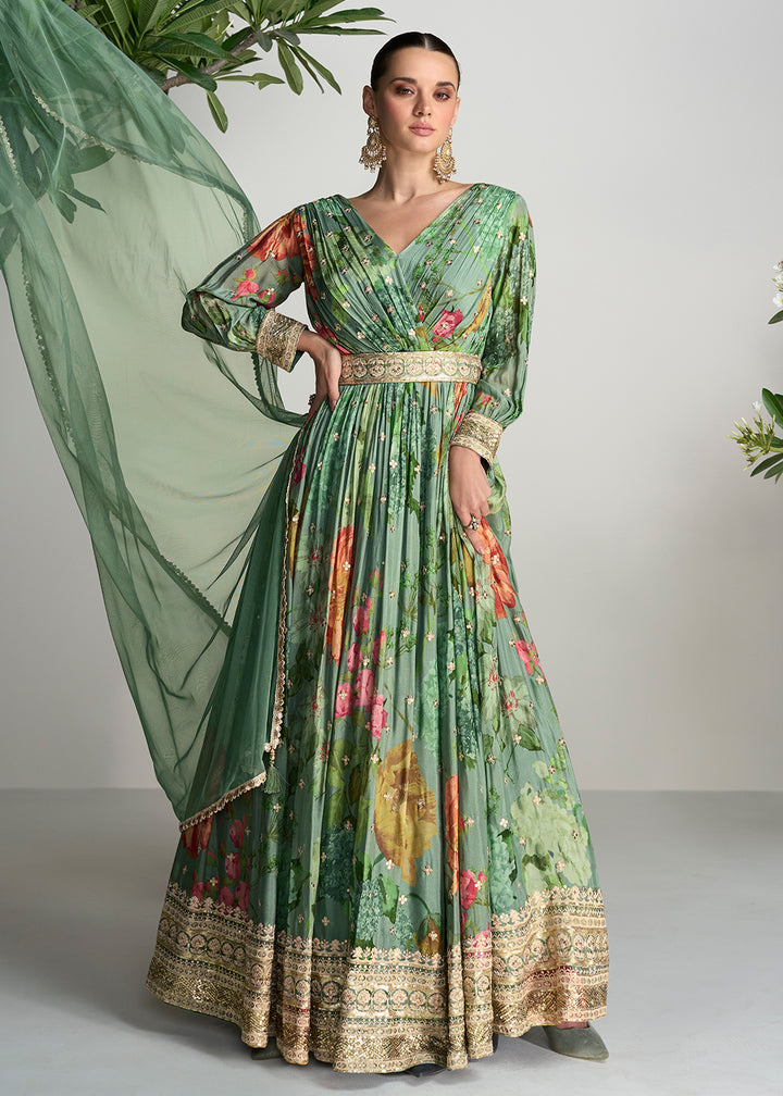 Buy Now Digital Printed & Mirror Embroidered Anarkali Gown in Green Online in USA, UK, Australia, New Zealand, Canada & Worldwide at Empress Clothing. 