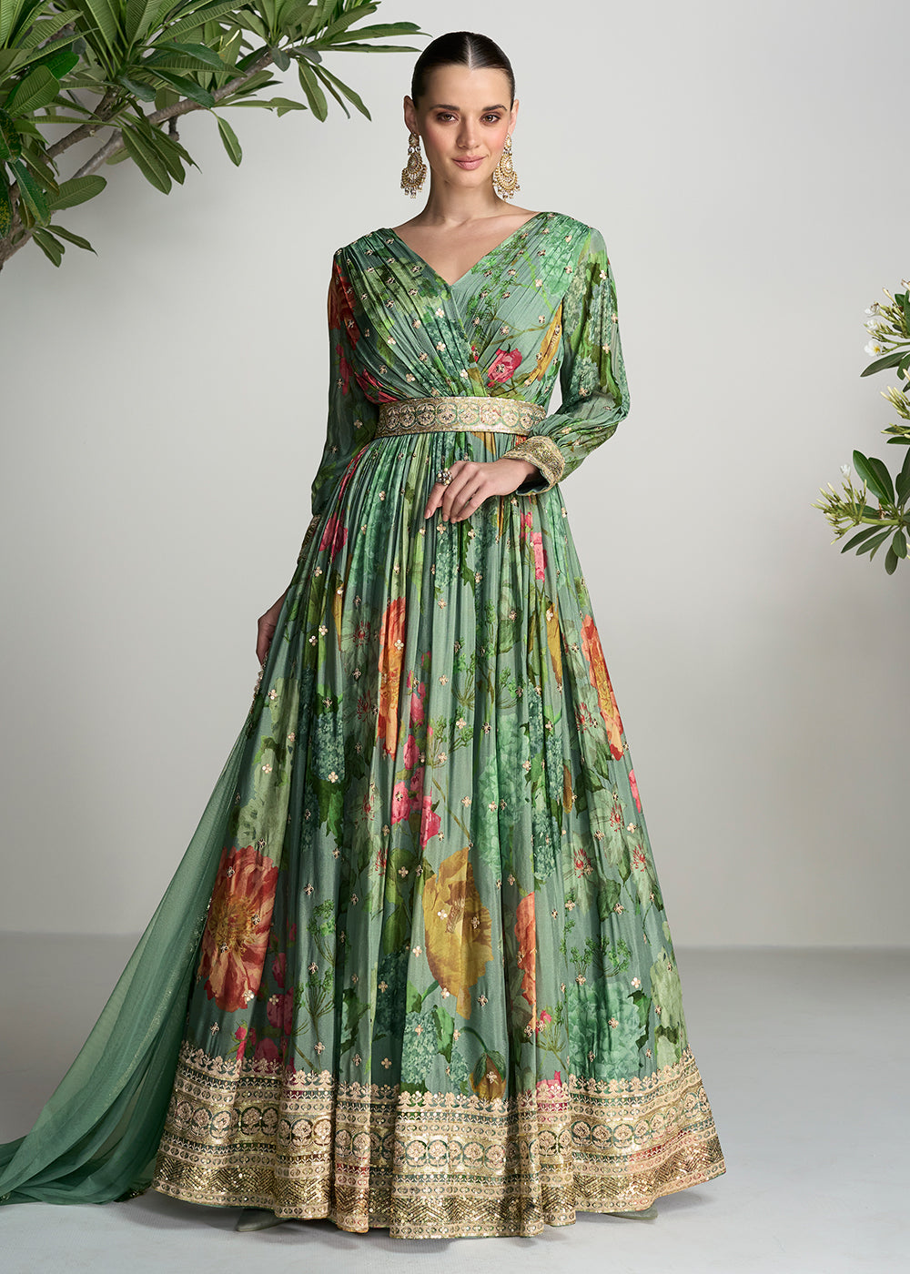 Buy Now Digital Printed & Mirror Embroidered Anarkali Gown in Green Online in USA, UK, Australia, New Zealand, Canada & Worldwide at Empress Clothing. 