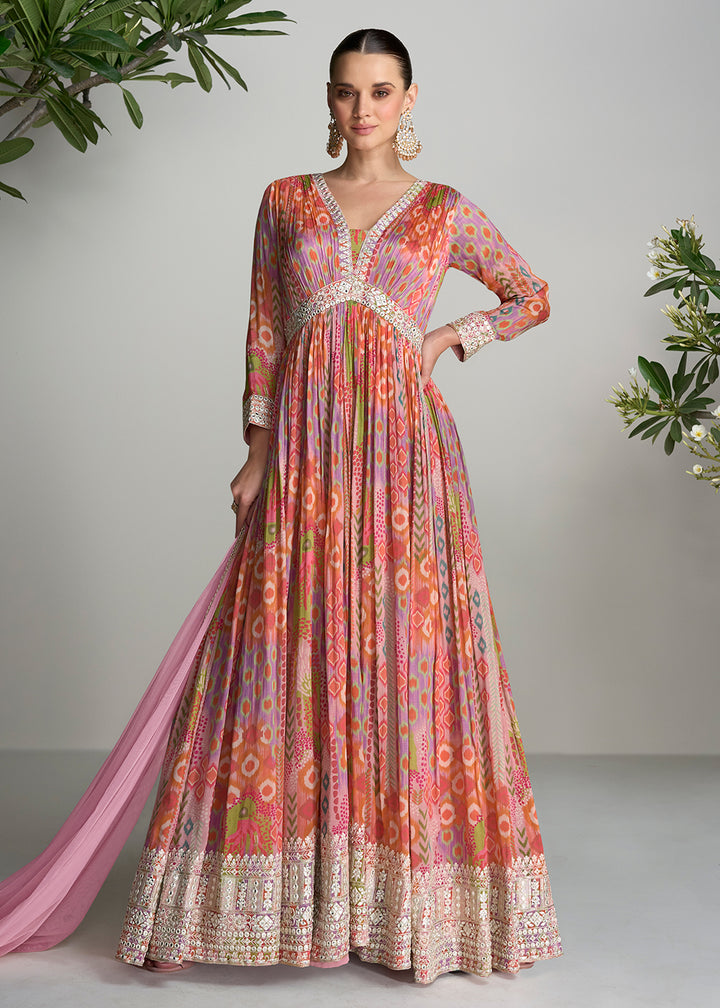 Buy Now Digital Printed & Mirror Embroidered Anarkali Gown in Multicolor Online in USA, UK, Australia, New Zealand, Canada & Worldwide at Empress Clothing.