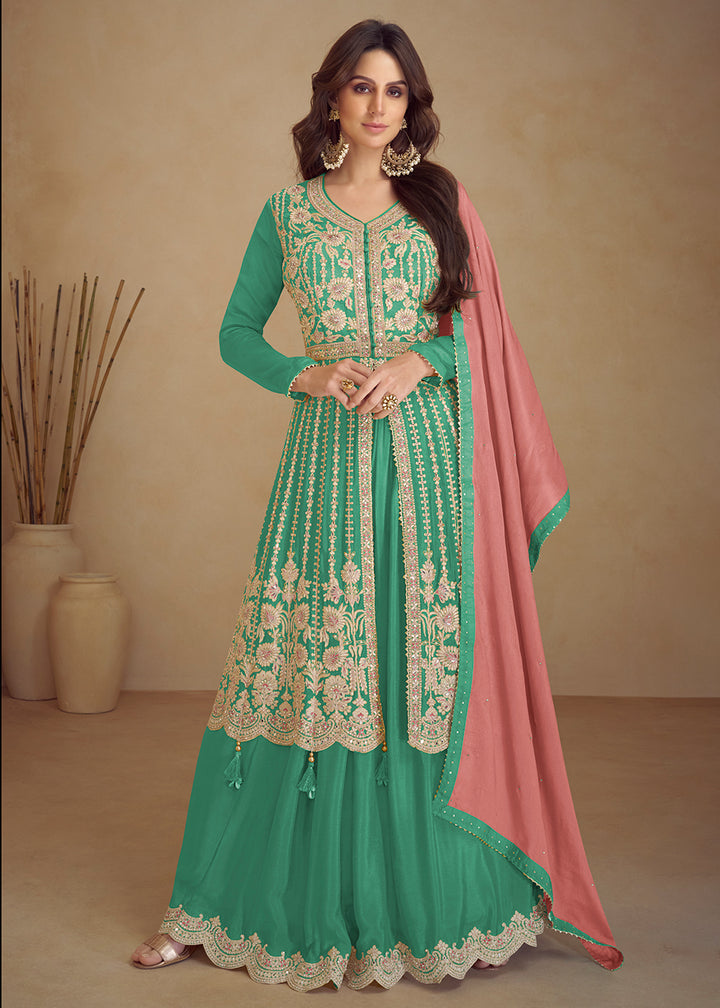 Buy Now Trendy Green Embroidered Anarkali Style Palazzo Suit Online in USA, UK, Canada, Germany & Worldwide at Empress Clothing.