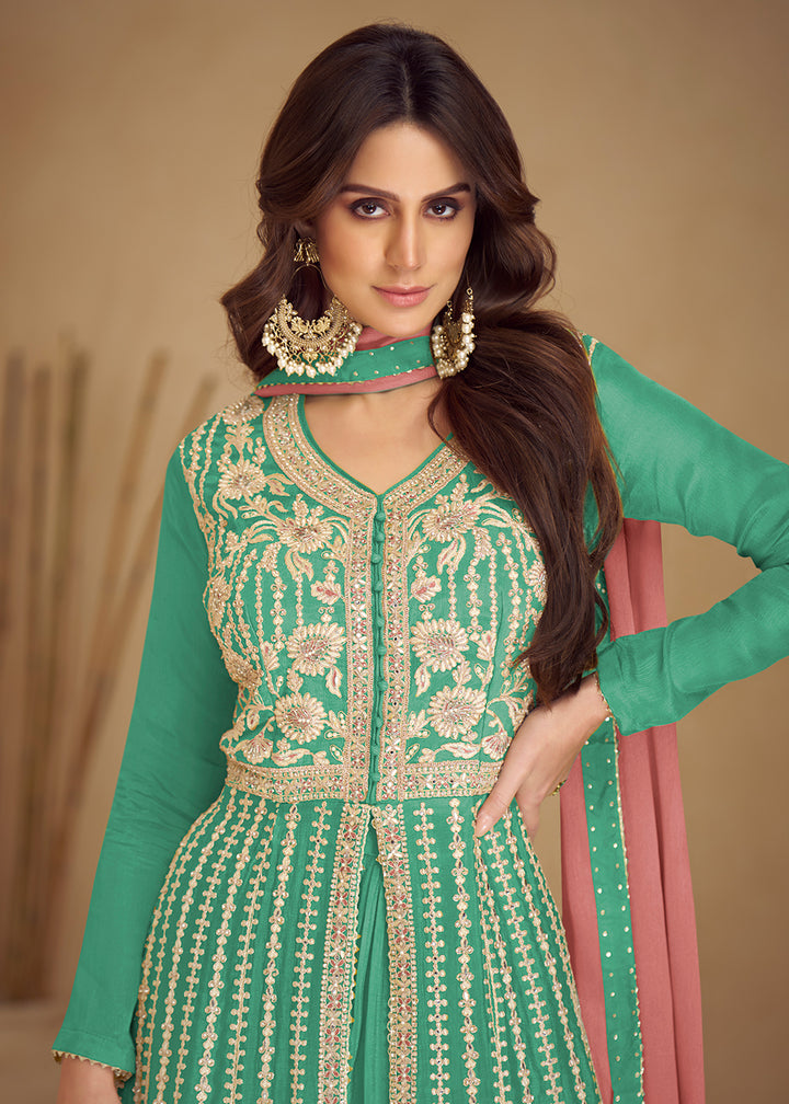 Buy Now Trendy Green Embroidered Anarkali Style Palazzo Suit Online in USA, UK, Canada, Germany & Worldwide at Empress Clothing.