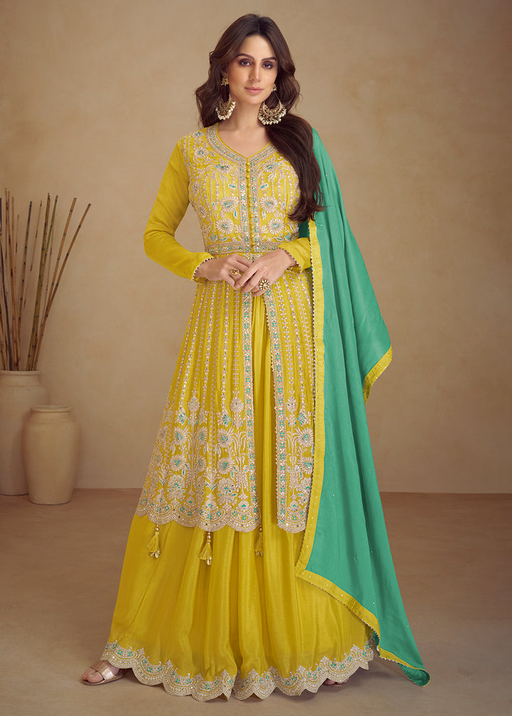 Buy Now Trendy Yellow Embroidered Anarkali Style Palazzo Suit Online in USA, UK, Canada, Germany & Worldwide at Empress Clothing. 