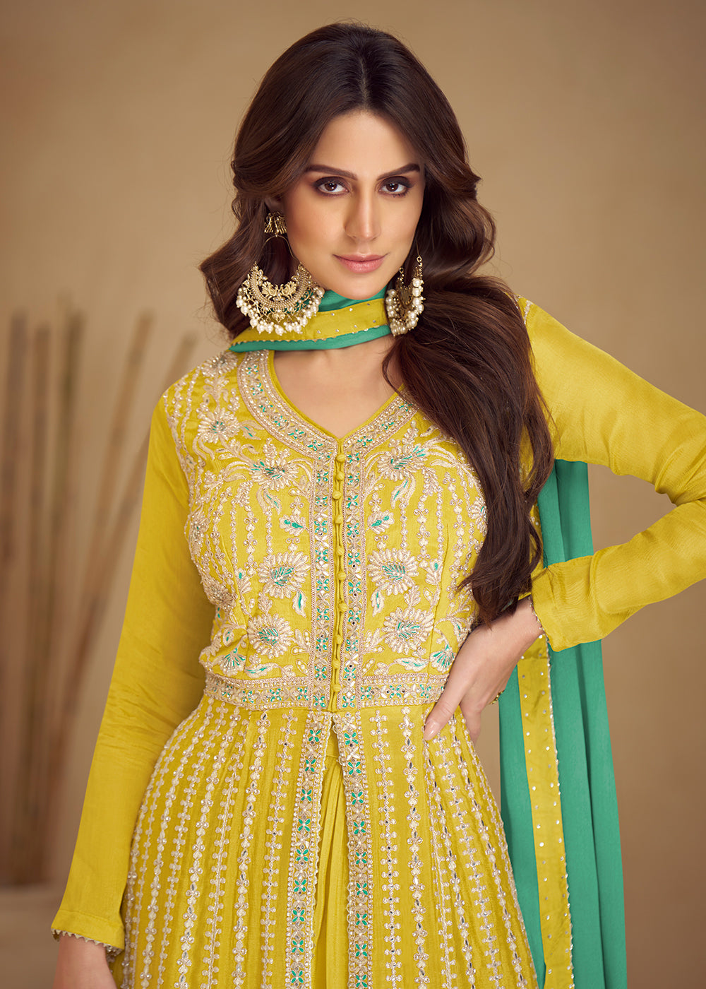 Buy Now Trendy Yellow Embroidered Anarkali Style Palazzo Suit Online in USA, UK, Canada, Germany & Worldwide at Empress Clothing. 