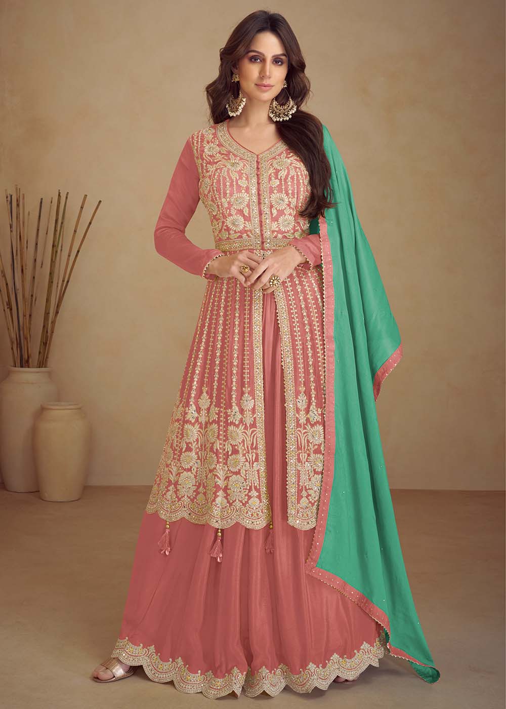 Buy Now Trendy Peach Embroidered Anarkali Style Palazzo Suit Online in USA, UK, Canada, Germany & Worldwide at Empress Clothing.