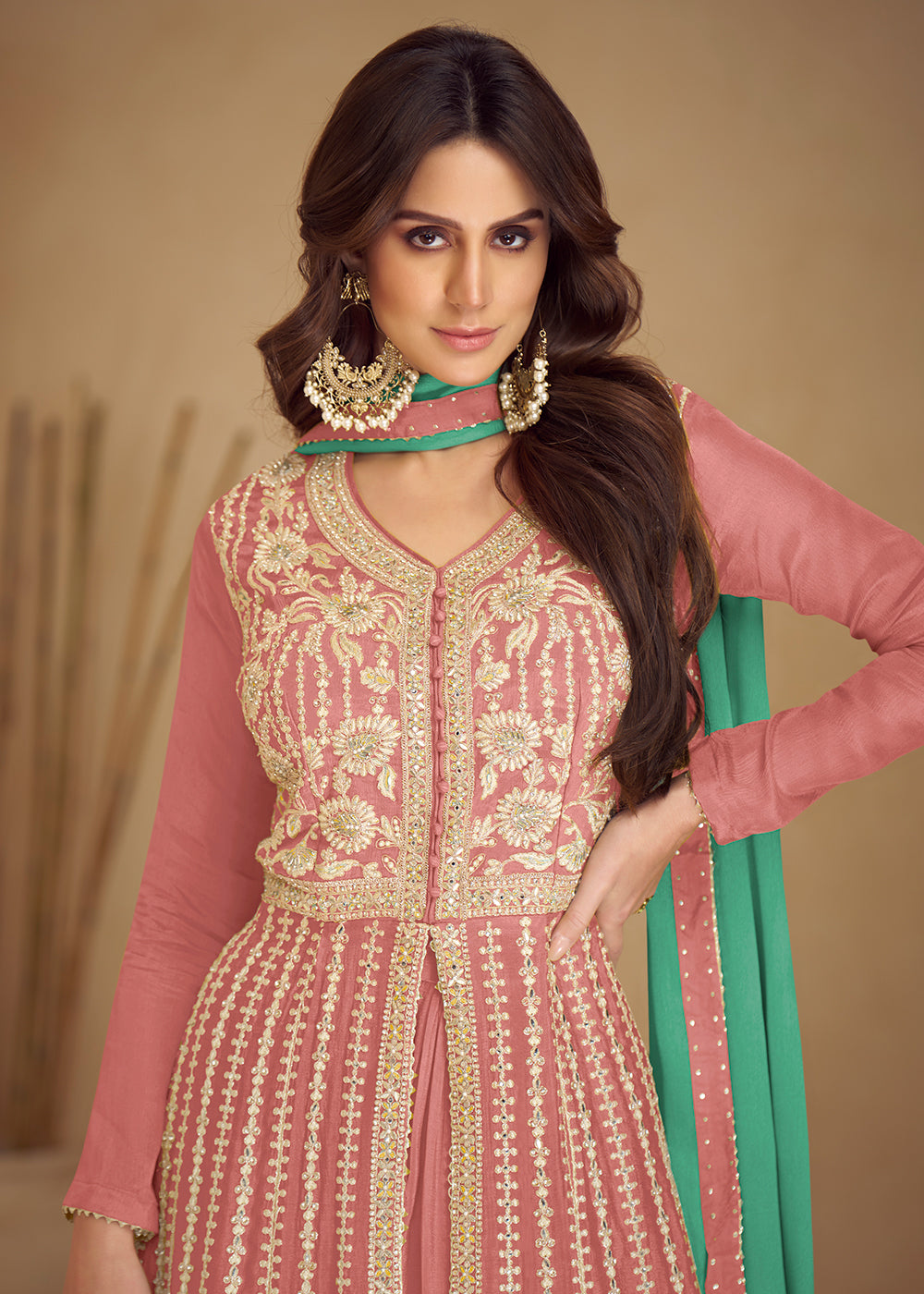 Buy Now Trendy Peach Embroidered Anarkali Style Palazzo Suit Online in USA, UK, Canada, Germany & Worldwide at Empress Clothing.