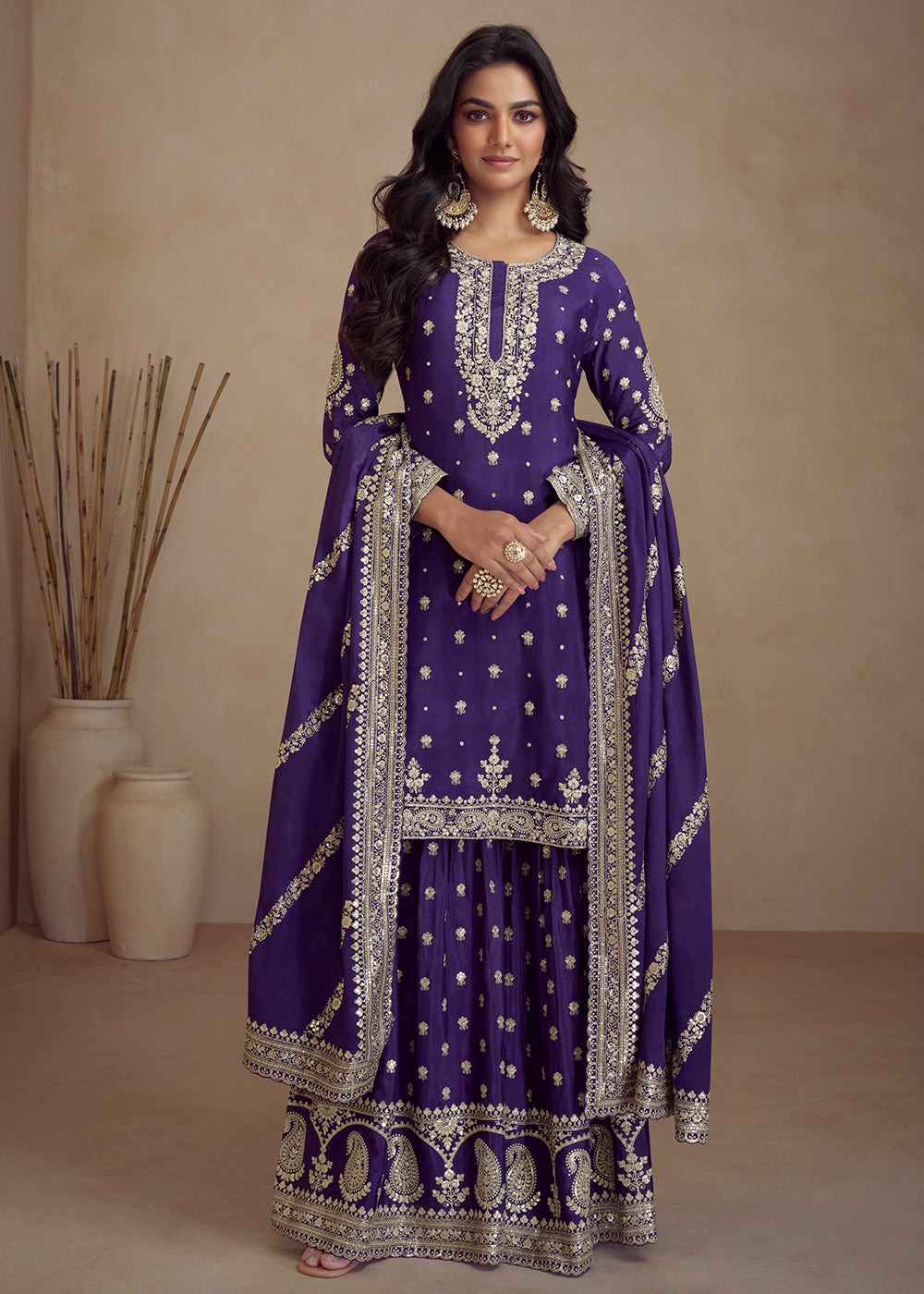 Buy Now Purple Embroidered Real Chinnon Designer Palazzo Suit Online in USA, UK, Canada, Germany, Australia & Worldwide at Empress Clothing. 