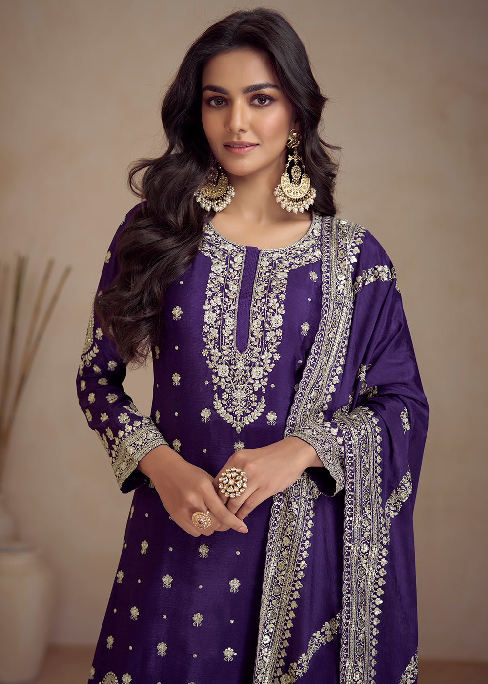 Buy Now Purple Embroidered Real Chinnon Designer Palazzo Suit Online in USA, UK, Canada, Germany, Australia & Worldwide at Empress Clothing. 