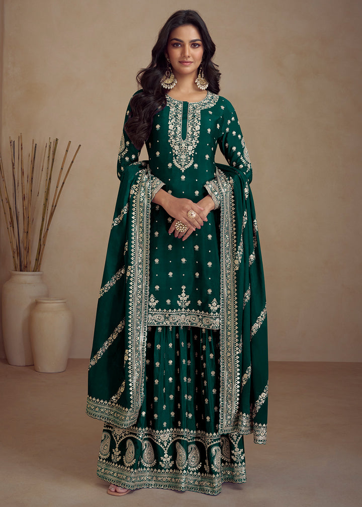 Buy Now Green Embroidered Real Chinnon Designer Palazzo Suit Online in USA, UK, Canada, Germany, Australia & Worldwide at Empress Clothing. 