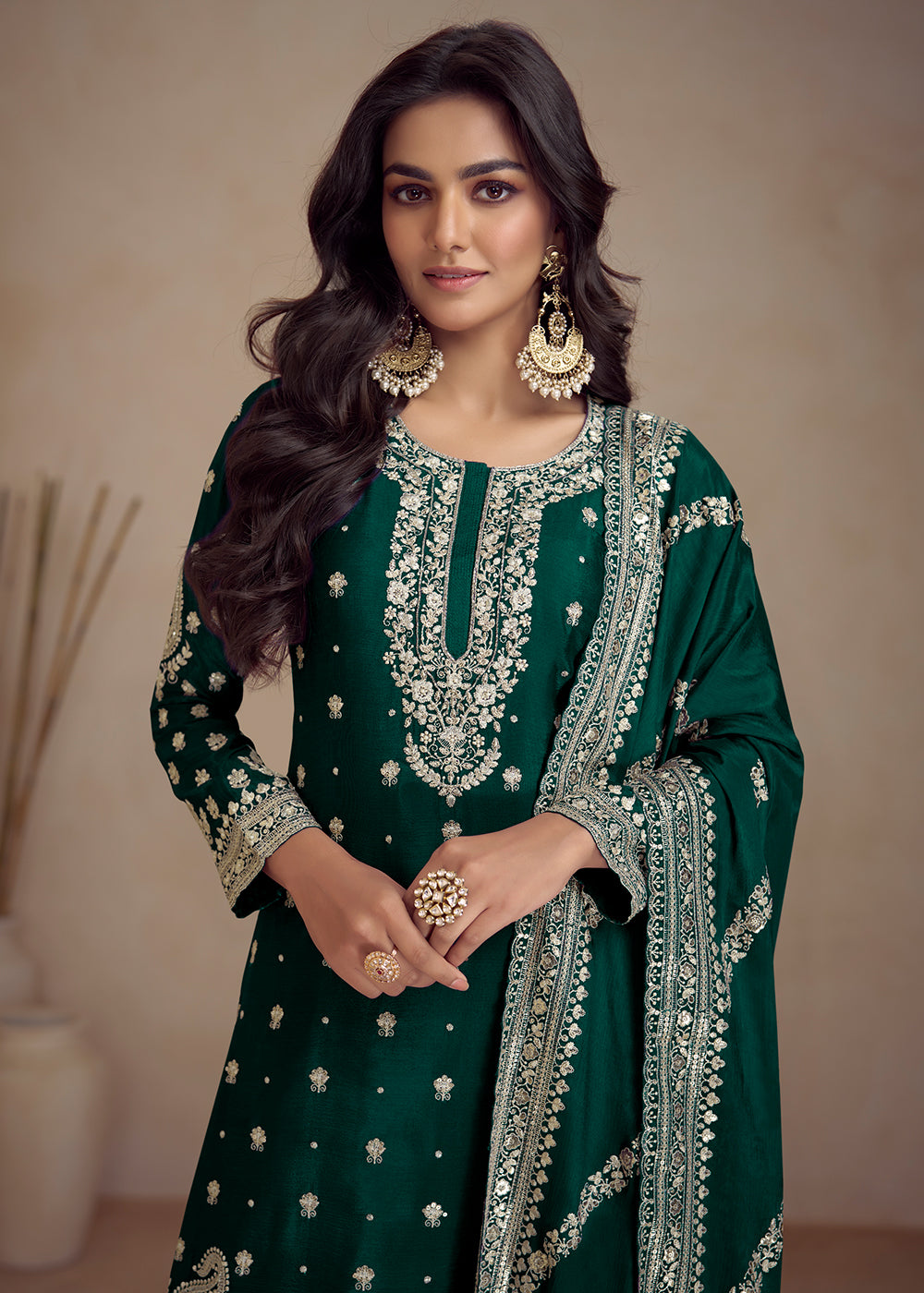 Buy Now Green Embroidered Real Chinnon Designer Palazzo Suit Online in USA, UK, Canada, Germany, Australia & Worldwide at Empress Clothing. 